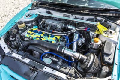 トヨタ スターレット：エンジンブロックはJAM RACINGのコンプリートブロックにブリッツ製K1タービンを組み合わせ、おおよそ最高出力220psを発生するパワフルなユニットとなっている
